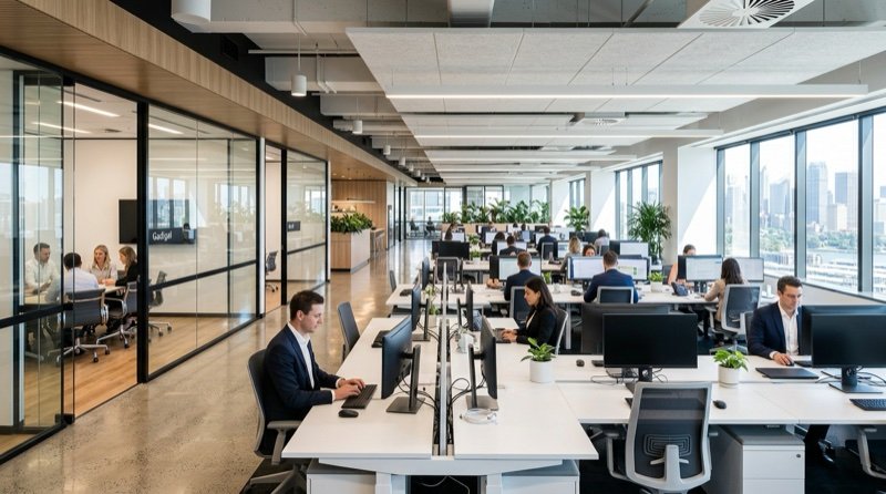 Modern commercial office open-plan workstations and corporate meeting suites
