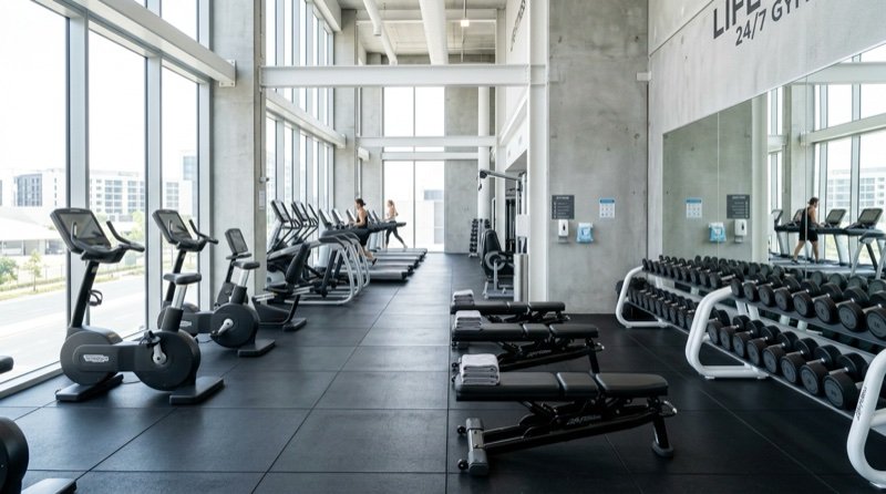 Commercial fitness centre with rows of cardio equipment, free weights, and sanitized gym mats