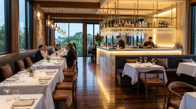 Restaurant dining room and hospitality venue with polished timber floors and pristine presentation