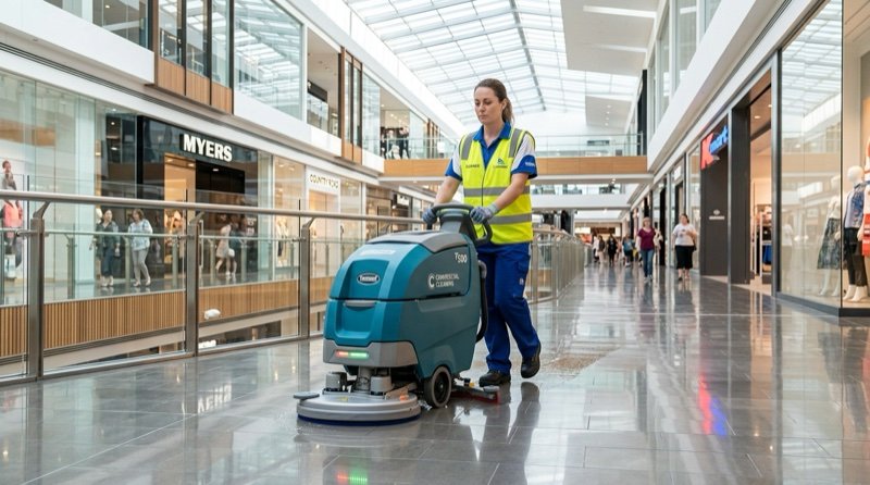 Commercial cleaner maintaining retail shopping centre concourse floors with an auto-scrubber