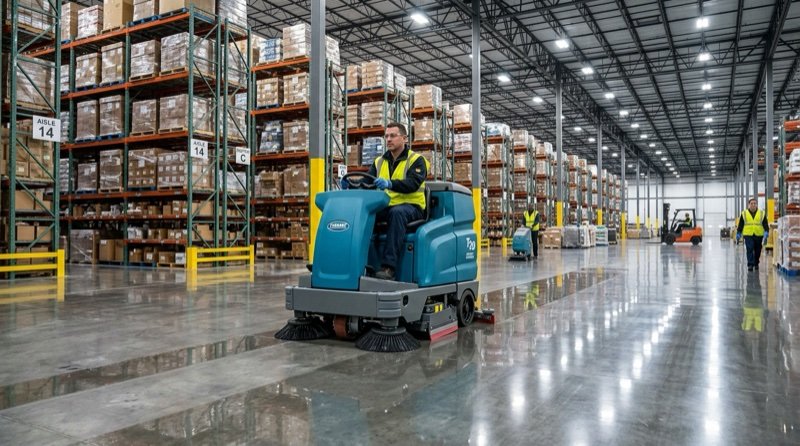 Industrial warehouse floor scrubbing with commercial ride-on auto-scrubber machine