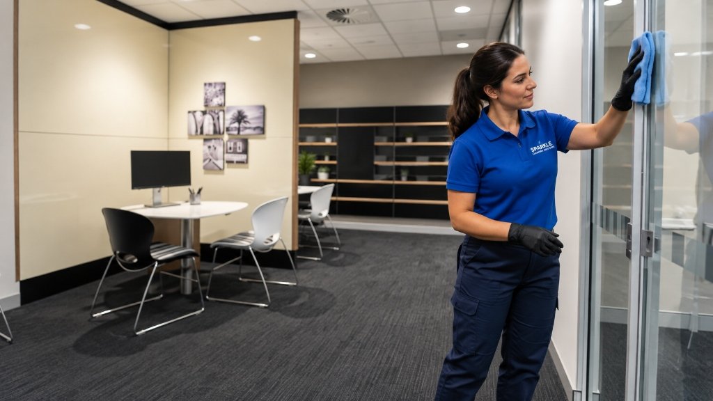 Sparkle Commercial Cleaning Operative Sanitising Office Glass Partitions